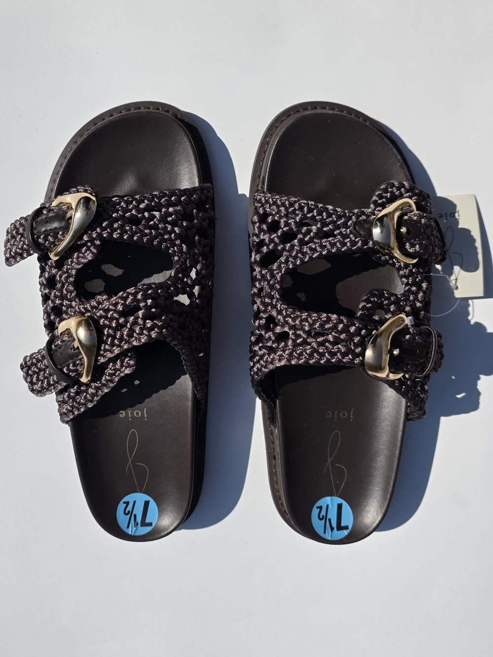 Joie Dark Brown Braided Slide Sandals with Gold Buckles